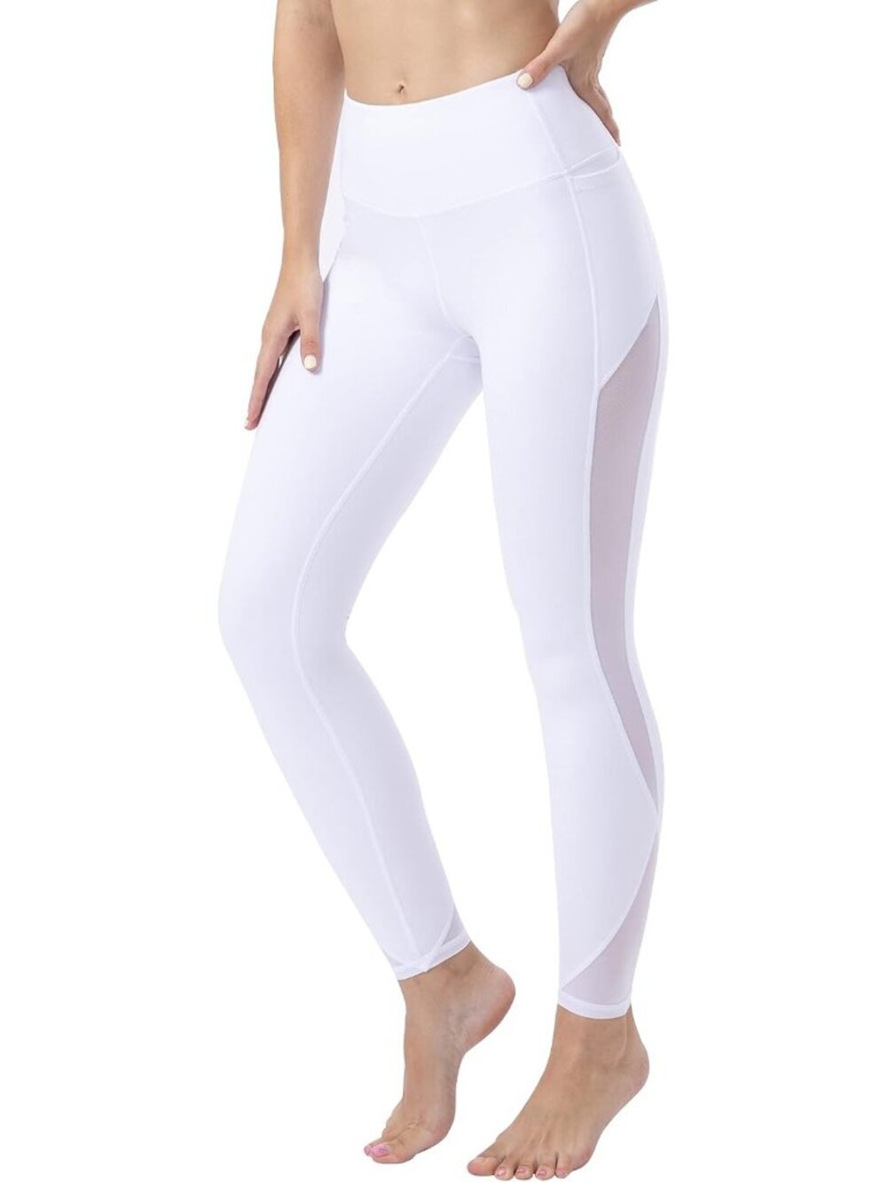 Women's White High Waisted Solid Workout Pull On Athletic Mesh Legging Yoga Pant